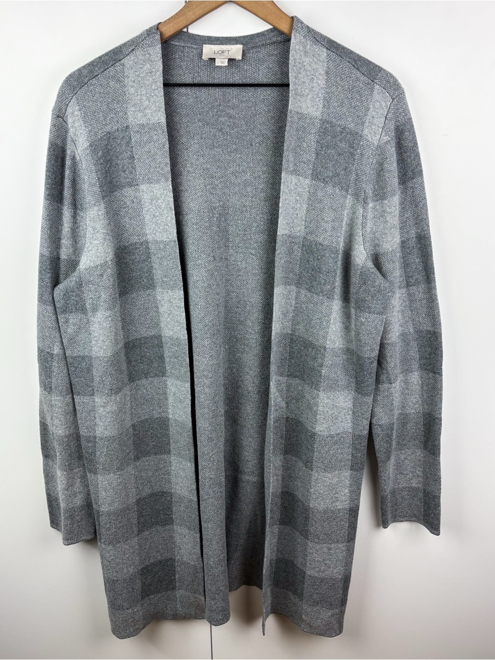 Loft 100% Cotton Plaid Open Front Long Cardigan Sweater Grey Gray Large